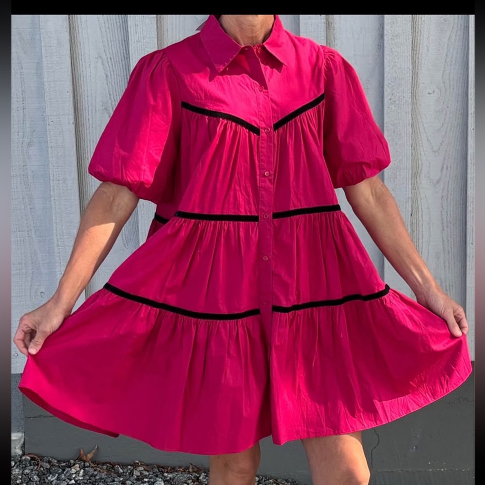 Fuchsia Tiered Puff-Sleeve Shirt Dress with Black Velvet Trim